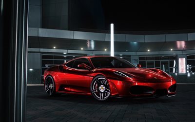 Ferrari F430, supercars, noche, rojo chrome F430, Ferrari