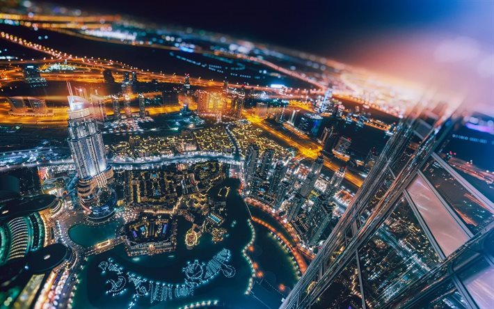 Dubai, fontes, noite, arranha-c&#233;us, Emirados &#193;rabes Unidos