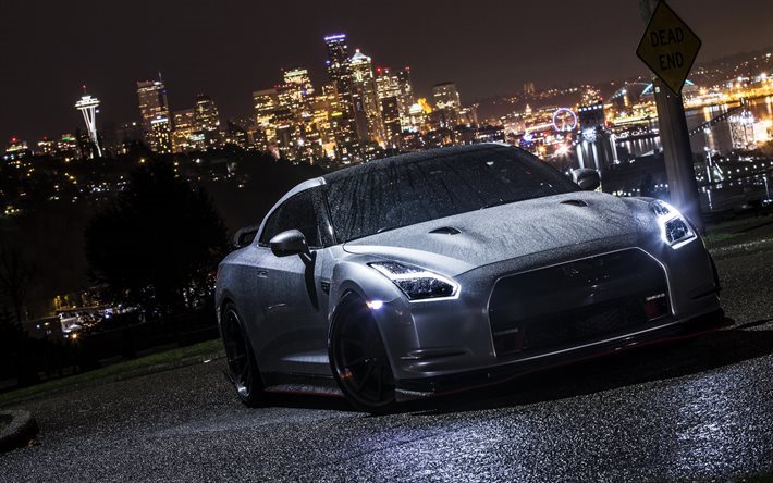 Nissan GT-R, R35, nightscape, supercars, silver GT-R, 2017 cars, Nissan