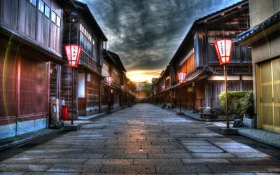 Japan, street, lamp, sunset, HDR