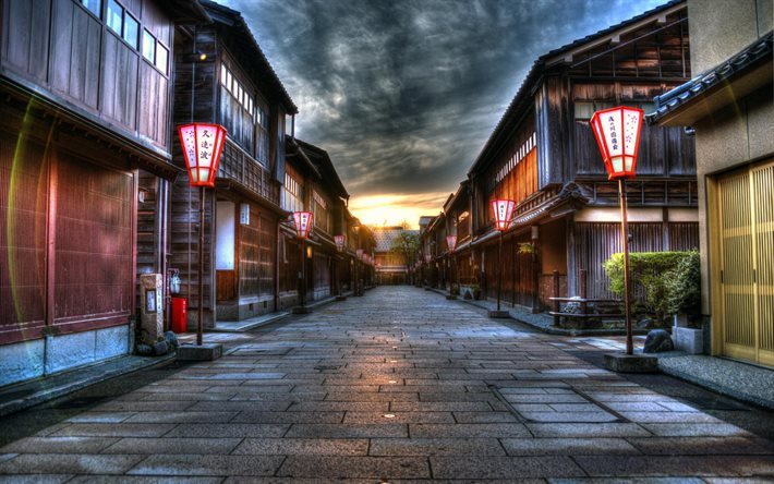 Japonya, sokak, lamba, G&#252;n batımı, HDR