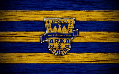 Arka Gdynia, 4k, Ekstraklasa, wooden texture, football, Poland, Arka Gdynia FC, soccer, football club, FC Arka Gdynia