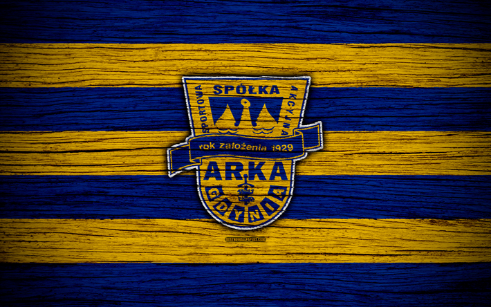 Arka Gdynia, 4k, Ekstraklasa, wooden texture, football, Poland, Arka Gdynia FC, soccer, football club, FC Arka Gdynia