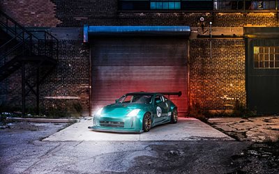 Nissan 350Z, evening, green sports coupe, tuning 350Z, Japanese sports cars, Nissan
