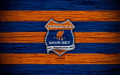 Bruk-Bet Termalica, 4k, Ekstraklasa, wooden texture, football, Poland, Bruk-Bet Termalica FC, soccer, football club, FC Bruk-Bet Termalica