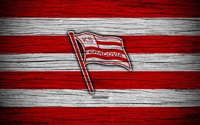 Cracovie, 4k, Ekstraklasa, texture de bois, de football, de la Pologne, Cracovie FC, football, club de football, FC Cracovie