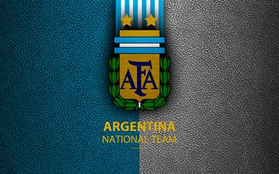 Argentina national football team, 4k, leather texture, emblem, logo, coat of arms, football, Argentina