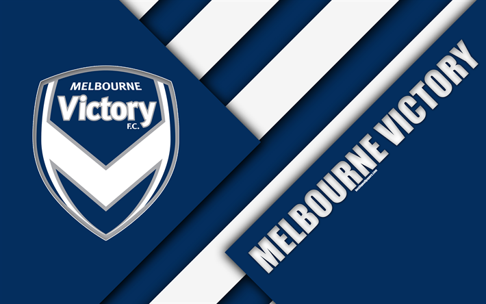 Melbourne Victory FC, 4k, Avustralyalı Futbol Kul&#252;b&#252;, malzeme tasarımı, logo, beyaz, mavi soyutlama, Lig, Melbourne, Avustralya, amblem, futbol