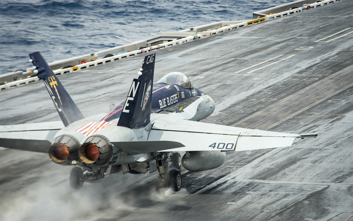 McDonnell Douglas FA-18 Hornet, deck fighter, FA-18C, fighter-bomber, US Navy, American military aircraft, take off, aircraft carrier