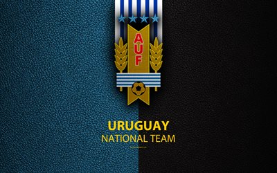 Uruguay national football team, 4k, leather texture, Uruguayan Football Association, emblem, logo, football, Uruguay