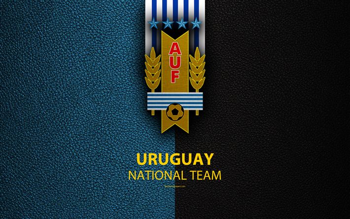 Uruguay equipo nacional de f&#250;tbol, 4k, textura de cuero, Uruguaya de F&#250;tbol Asociaci&#243;n, emblema, logo, futbol, Uruguay