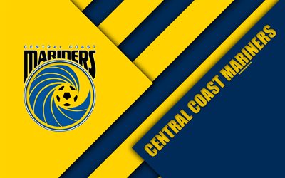 Central Coast Mariners FC, 4k, Australian Football Club, design de material, logo, amarelo azul abstra&#231;&#227;o, A-League, Costa Central, Austr&#225;lia, emblema, futebol