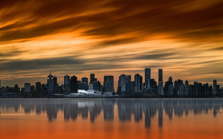 Vancouver, Canada, coucher de soleil, ville, port, gratte-ciel, colombie-Britannique