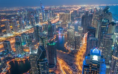 アラブ首長国連邦, ドバイ, 4k, パノラマ, nightscapes, 近代建築, UAE