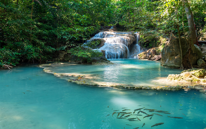 Erawan Falls, waterfall, blue lake, rainforest, national park, Kanchanaburi, Thailand