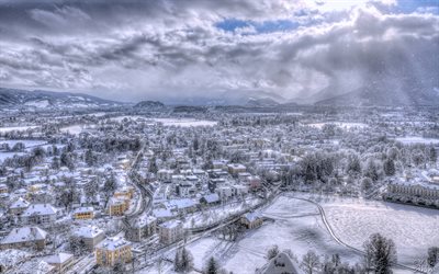 سالزبورغ, 4k, الشتاء, بانوراما, جبال الألب, تساقط الثلوج, أوروبا, النمسا
