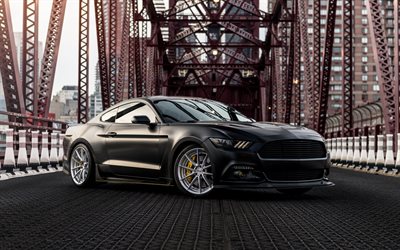 Ford Mustang, 2018, musta urheilu coupe, tuning, musta matta Mustang, American sports autot, ulkoa, n&#228;kym&#228; edest&#228;, New York, USA