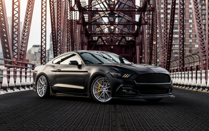 Ford Mustang, 2018, black sports coupe, tuning, black matte Mustang, American sports cars, exterior, front view, New York, USA