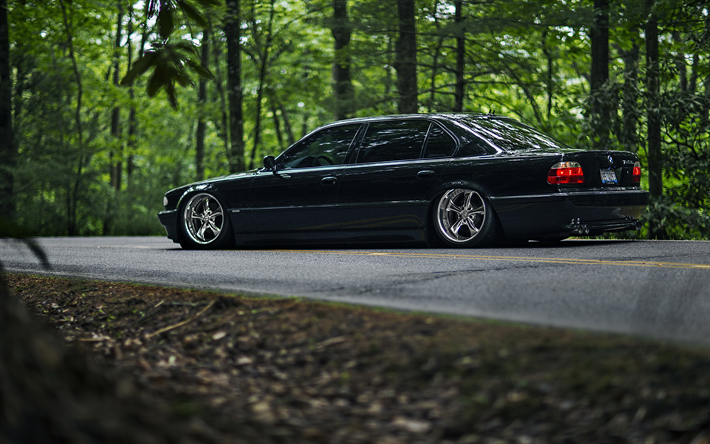 E38, BMW 7-series, 4k, stance, 740iL, tuning, road, black e38, BMW