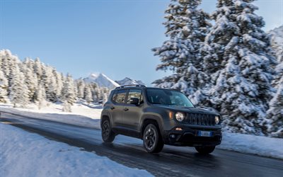Jeep Renegade, estrada, inverno, 2018 carros, SUVs, preto Renegade, Jeep