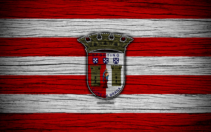 Braga, 4k, Portugal, Primeira Liga, soccer, wooden texture, Braga FC, football club, logo, FC Braga