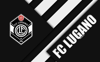 Lugano FC, 4k, İsvi&#231;re Futbol Kul&#252;b&#252;, beyaz, siyah, soyutlama, malzeme tasarımı, logo, İsvi&#231;re S&#252;per Ligi, Lugano, İsvi&#231;re, futbol