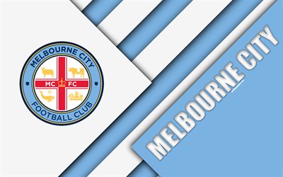 melbourne city fc, 4k, australian football club, material, design, logo, wei&#223;, blau, abstraktion, a-league, melbourne, australien, emblem, fu&#223;ball