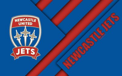 Newcastle Jets FC, 4K, Australian Football Club, design de material, logo, vermelho azul abstra&#231;&#227;o, A-League, Newcastle, Austr&#225;lia, emblema, futebol