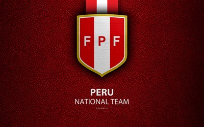 Peru national football team, 4k, leather texture, emblem, Peruvian Football Federation, logo, FPF, football, Peru