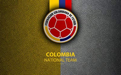 Col&#244;mbia equipa nacional de futebol, 4k, textura de couro, Colombiano Federa&#231;&#227;o De Futebol, emblema, logo, futebol, Col&#244;mbia