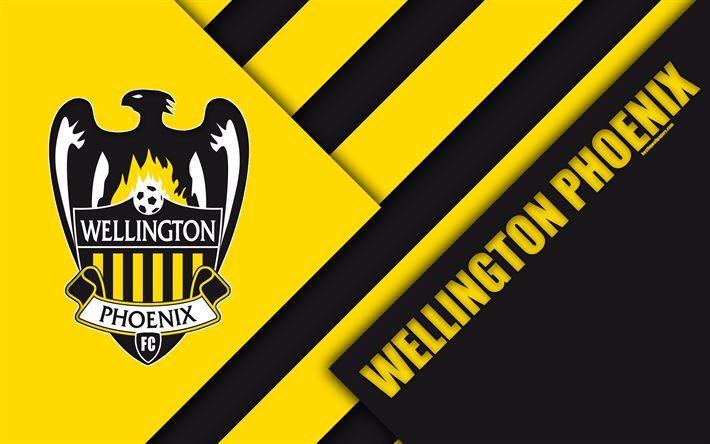 Wellington Phoenix FC, 4K, Australian Football Club, design de material, logo, amarelo preto abstra&#231;&#227;o, A-League, Wellington, Austr&#225;lia, emblema, futebol