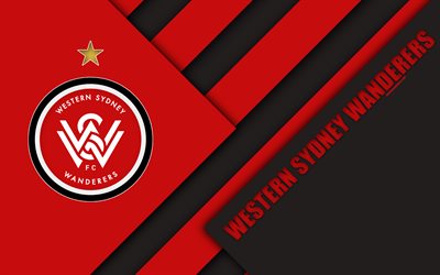 Western Sydney Wanderers FC, 4k, Australian Football Club, material design, logo, red black abstraction, A-League, Sydney, Australia, emblem, football