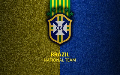 Brezilya Milli Futbol Takımı, 4k, deri dokusu, amblem, Brezilya Futbol Konfederasyonu CBF, logo, futbol, Brezilya