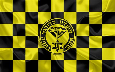 O Maccabi Netanya FC, 4k, Israelenses Premier League, amarelo e preto bandeira quadriculada, Israelenses futebol clube, seda bandeira, futebol, O Maccabi Netanya logotipo, Israel