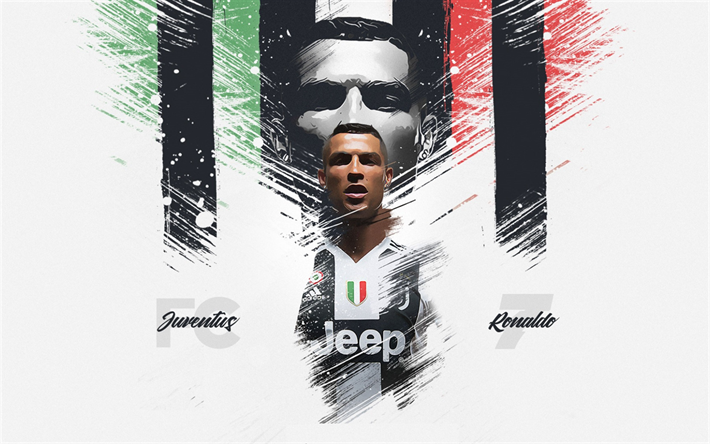 Cristiano Ronaldo, Juventus FC, jalkapallo, creative paint taidetta, Portugalin jalkapalloilija, piirustus, Italian lipun, Serie, Italia, CR7, Juve, Ronaldo