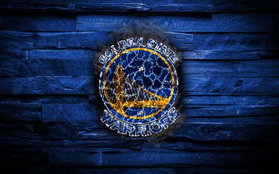 Golden State Warriors, 4k, scorched logo, NBA, blue wooden background, american basketball team, Western Conference, grunge, basketball, Golden State Warriors logo, fire texture, USA