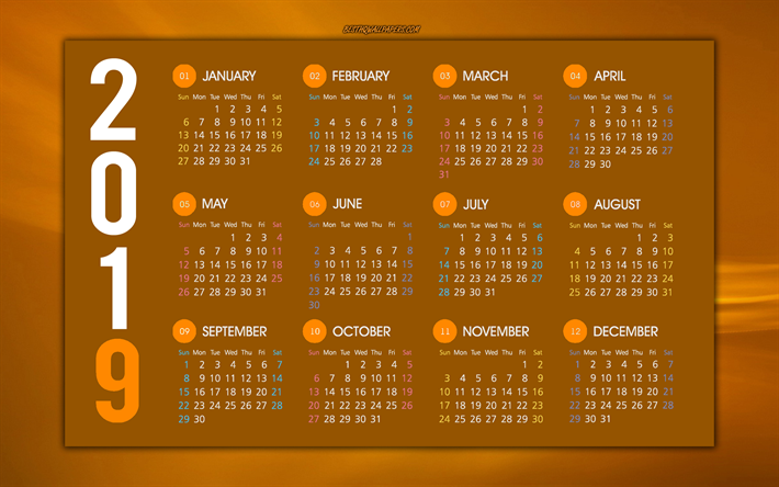 Brun 2019 calendrier, &#233;l&#233;gant fond, vague de fond, tous les mois, 2019 calendrier, 2019 concepts, art