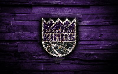 Sacramento Kings, 4k, scorched logo, NBA, violet wooden background, american basketball team, Western Conference, grunge, basketball, Sacramento Kings logo, fire texture, USA