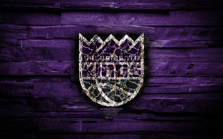Sacramento Kings, 4k, kavrulmuş logo, NBA, ahşap arka plan mor, Amerikan Basketbol Takımı, Batı Konferansı, grunge, basketbol, Sacramento Kings logo, yangın, doku, ABD