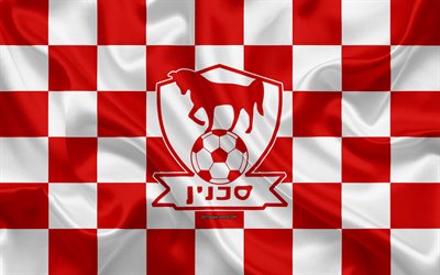 Bnei Sakhnin FC, 4k, Israeli Premier League, red and white checkered flag, Israeli football club, silk flag, football, soccer, Bnei Sakhnin logo, Israel