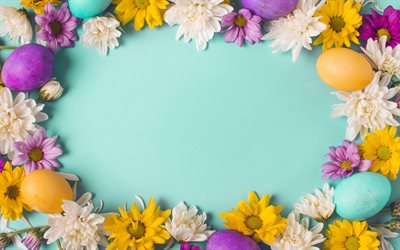 Easter frame, blue background, greeting card, Easter eggs, spring flowers, Easter
