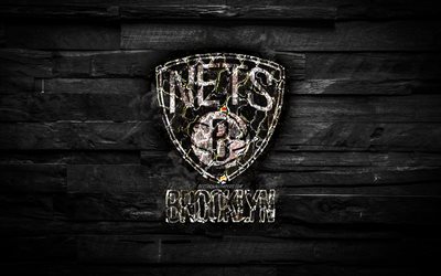 Brooklyn Nets, 4k, bruciata logo NBA, nero, di legno, sfondo, americano di basket team della Eastern Conference, grunge, basket, Brooklyn Nets logo, texture del fuoco, USA