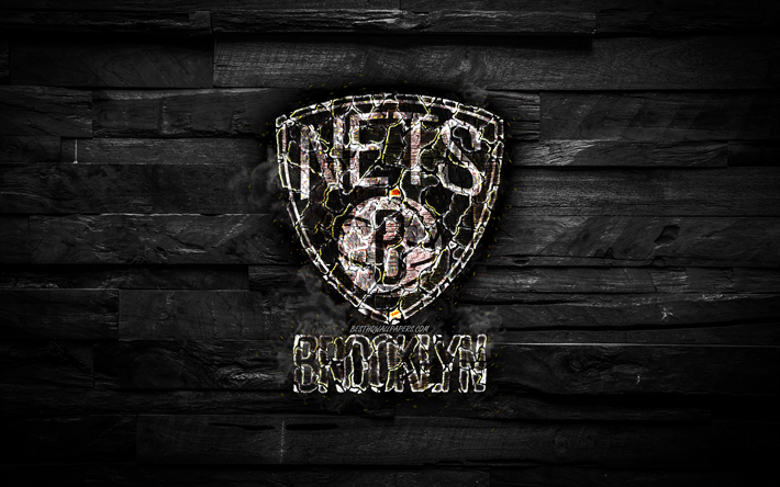 Brooklyn Nets, 4k, scorched logo, NBA, black wooden background, american basketball team, Eastern Conference, grunge, basketball, Brooklyn Nets logo, fire texture, USA