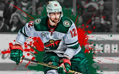 Eric Staal, Kanadalı hokey oyuncusu, Minnesota Wild, forvet, yeşil-kırmızı boya sı&#231;ramalarına, yaratıcı sanat, NHL, ABD, hokey, Ulusal Hokey Ligi, grunge