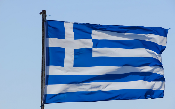 Bandera de Grecia, bandera de seda, s&#237;mbolo nacional, bandera griega, la bandera contra el cielo, el asta de la bandera, Grecia, Europa