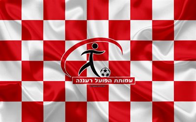 Hapoel Raanana FC, 4k, Israeli Premier League, red and white checkered flag, Israeli football club, silk flag, football, soccer, Hapoel Raanana logo, Israel