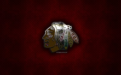 Chicago Blackhawks, American hockey club, red metal texture, metal logo, emblem, NHL, Chicago, Illinois, USA, National Hockey League, creative art, hockey