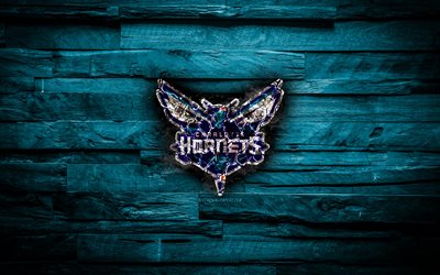 Charlotte Hornets, 4k, kavrulmuş logo, NBA, mavi ahşap arka plan, Amerikan Basketbol Takımı, Doğu Konferansı, grunge, basketbol, Charlotte Hornets logo, yangın doku, ABD