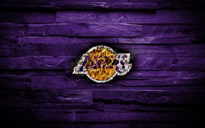 Los Lakers de Los Angeles, 4k, quemado logotipo de la NBA, violeta fondo de madera, american equipo de baloncesto, de la Conferencia Oeste, el grunge, el baloncesto de Los &#193;ngeles Lakers logo, el fuego de la textura, estados UNIDOS