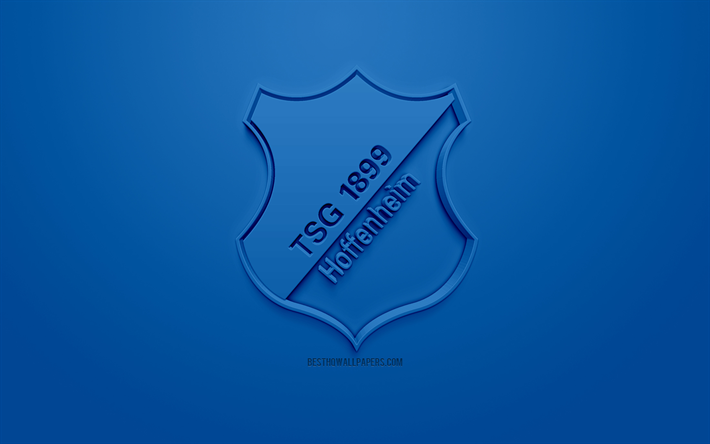 TSG 1899 Hoffenheim, creative 3D logo, blue background, 3d emblem, German football club, Bundesliga, Hoffenheim, Germany, 3d art, football, stylish 3d logo